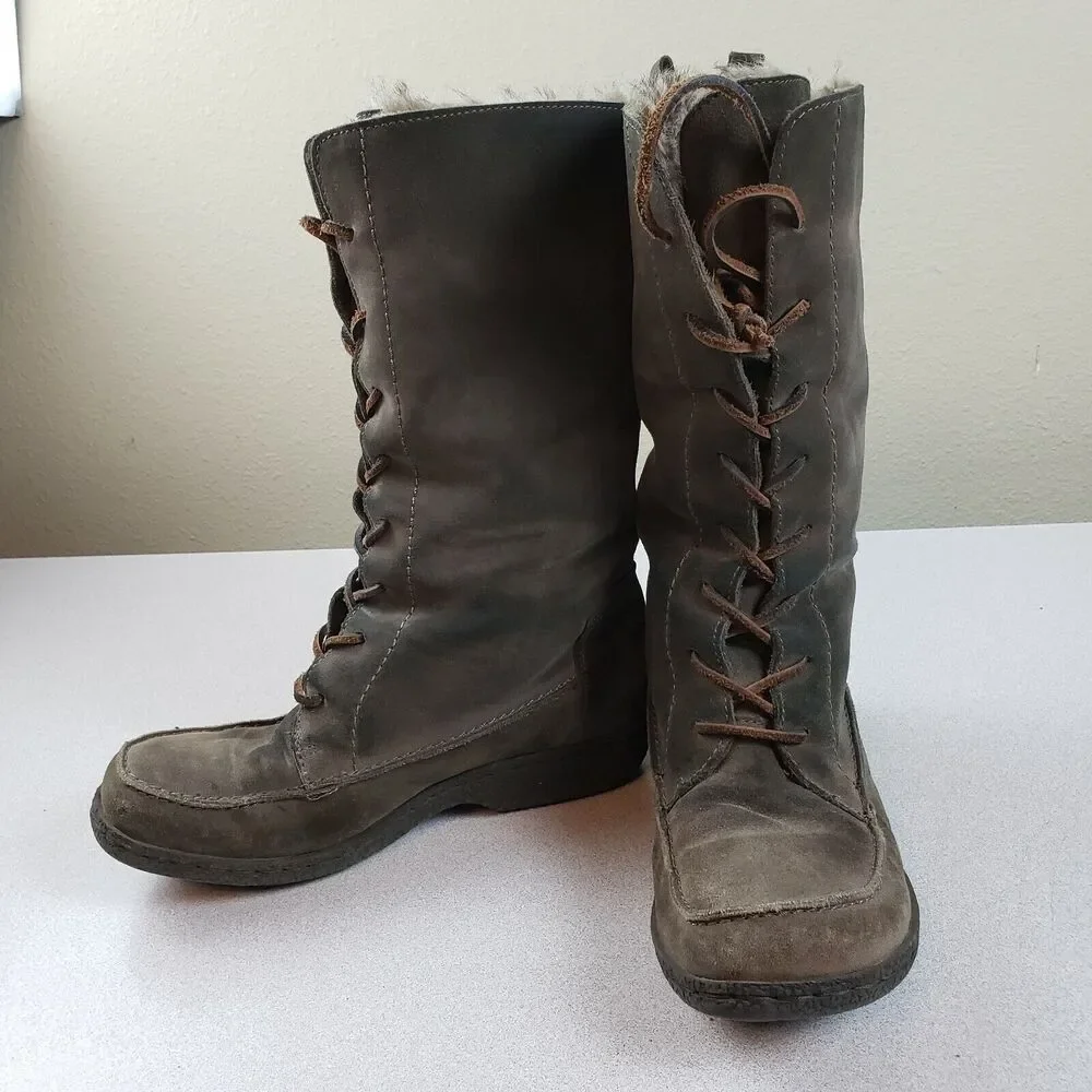 Sam‎ Edelman Womens Brown Leather Round Toe Mid Calf Lace Up Snow Boots Size 7